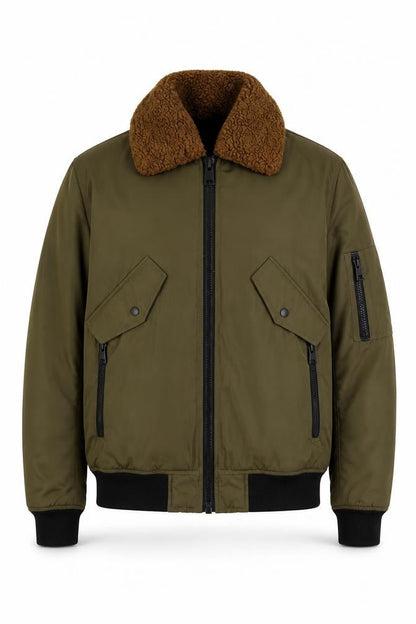 Front view of ASOS Men's Green Bomber Jacket, S, Zipped Pockets