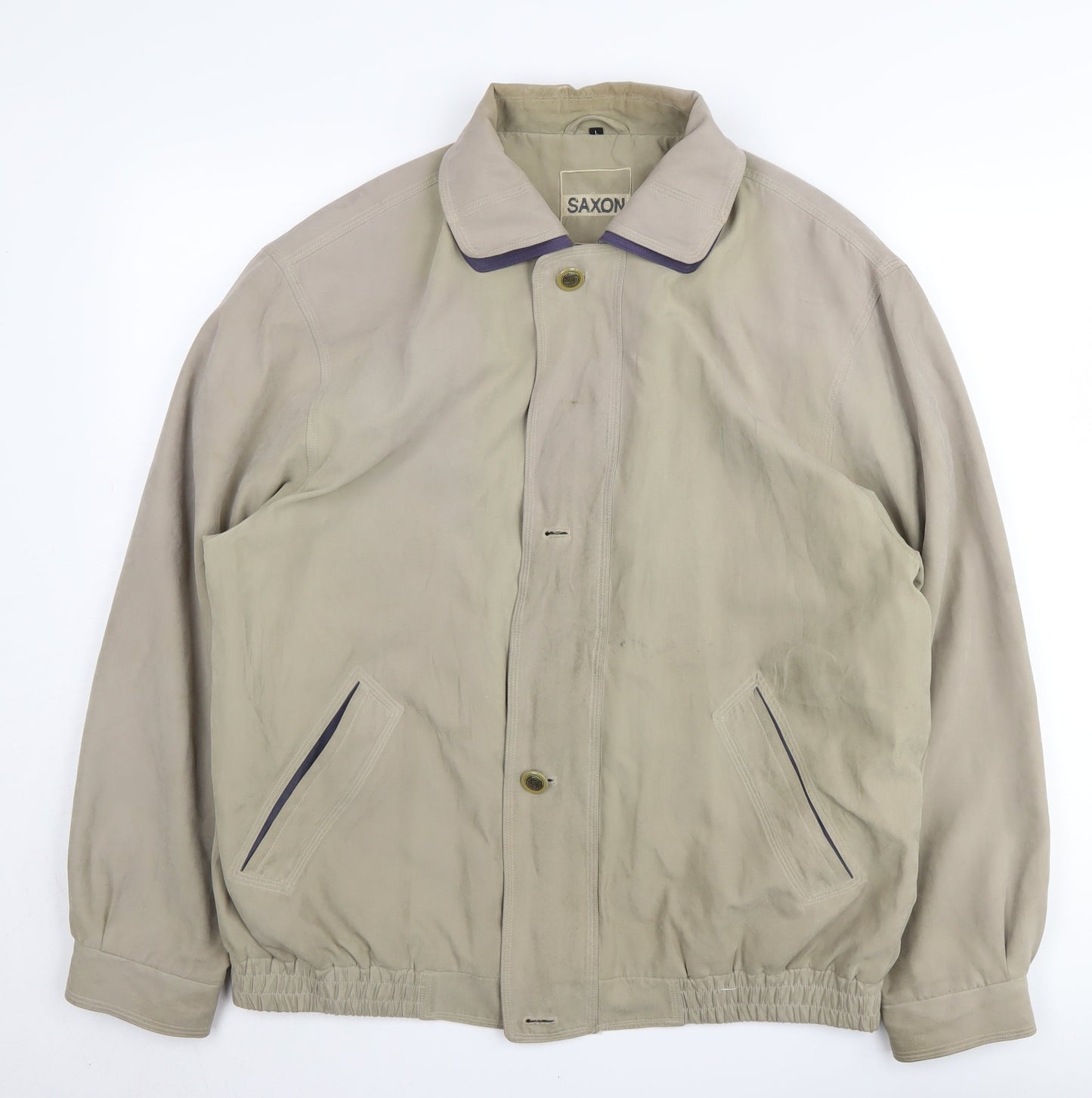 Saxon Men's Beige Bomber Jacket L Collared Elastic Waist