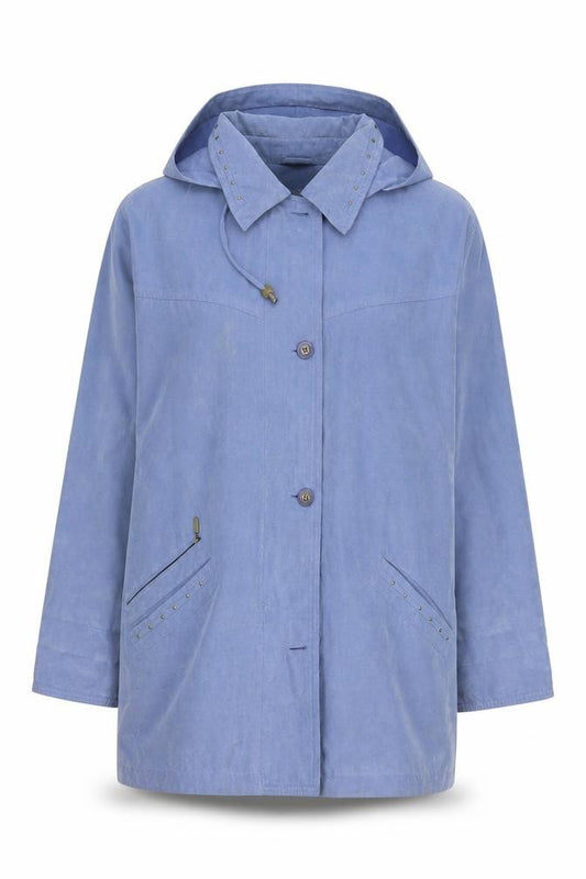 Astraka Women's Blue Rain Coat, L - Hooded, Logo, Button