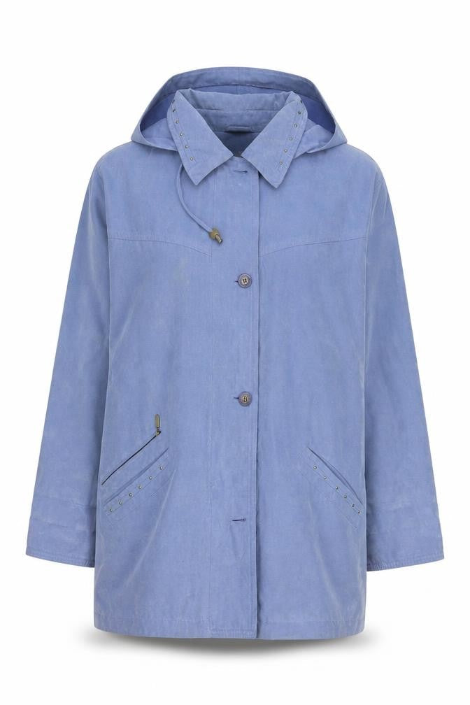 Astraka Women's Blue Rain Coat, L - Hooded, Logo, Button
