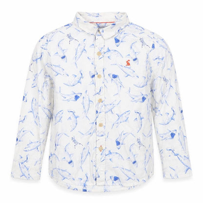 Sunspel Boys White Shark Print Button-Up Shirt, 7 Years