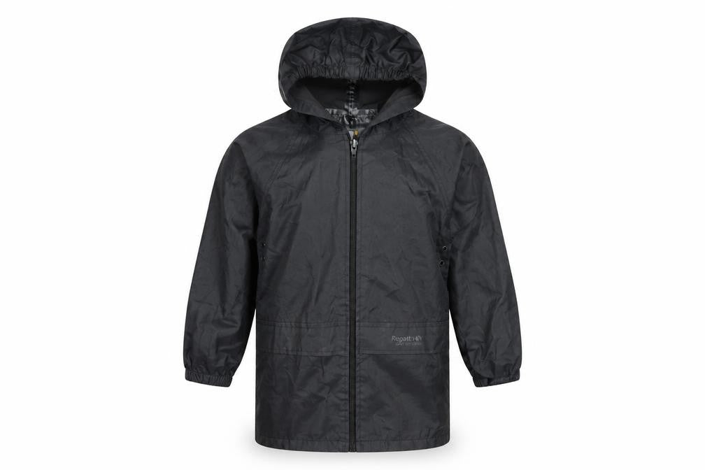Front view of Regatta boys’ black windbreaker jacket 8 years lightweight