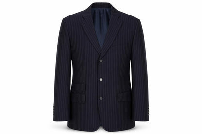 Front view of Jaeger Men's Blue 38S Suit Jacket, Striped Pattern