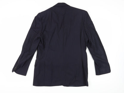 Back view of Jaeger Men's Blue 38S Suit Jacket, Striped Pattern
