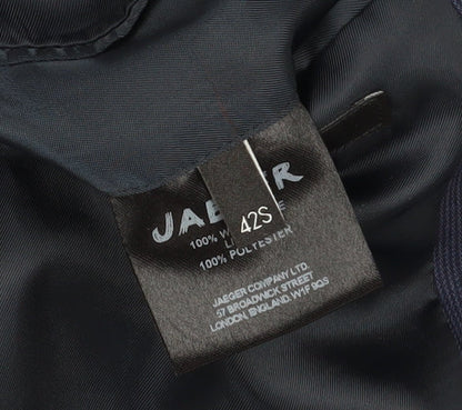 Brand and care label for Jaeger Men's Blue 42S Suit Jacket, Single-Breasted