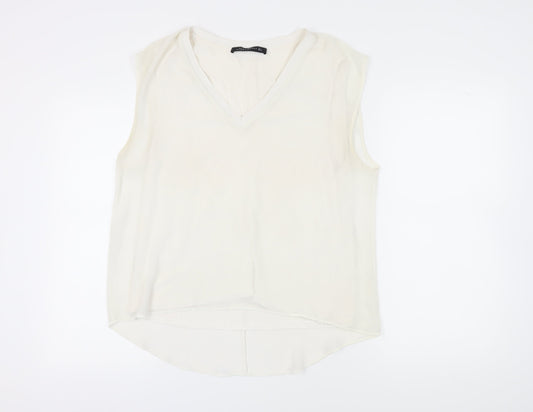 Zara Women Ivory V-Neck Tank, Size 12, Casual Summer Top