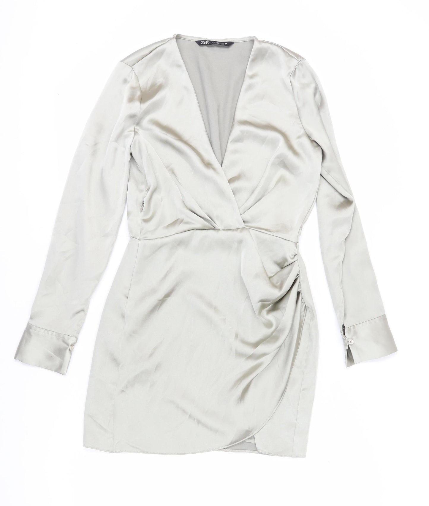 Zara Women's Grey Satin Wrap Dress, Size S, Elegant Style