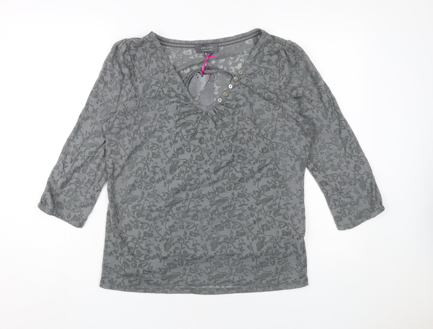 Marks and Spencer Grey Floral Henley Blouse, Size 12