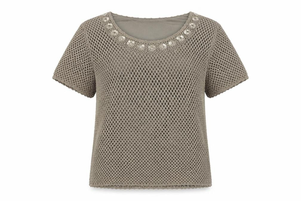 Jacques Vert Women's Beige Blouse L Short Sleeve Sequin