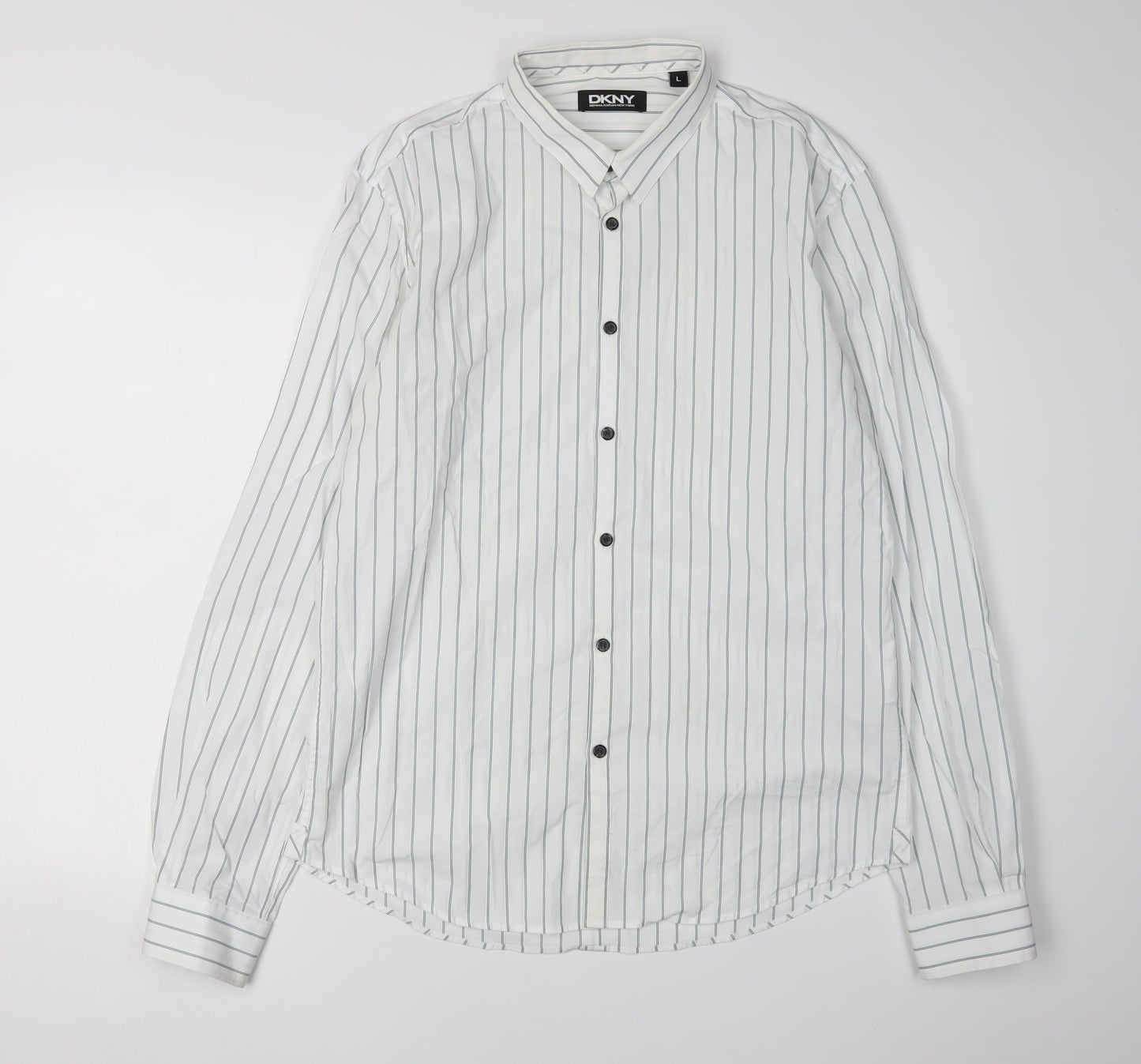 DKNY Men's White Striped Button-Up Shirt L