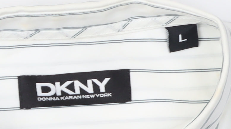 DKNY Men's White Striped Button-Up Shirt L