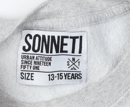 Close-up detail of Sonneti boys’ grey pullover sweatshirt 13-15y graphic logo