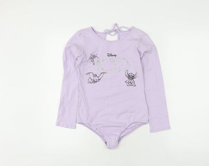 Front view of Disney girls’ purple cotton t-shirt with dumbo and stitch -, size 12