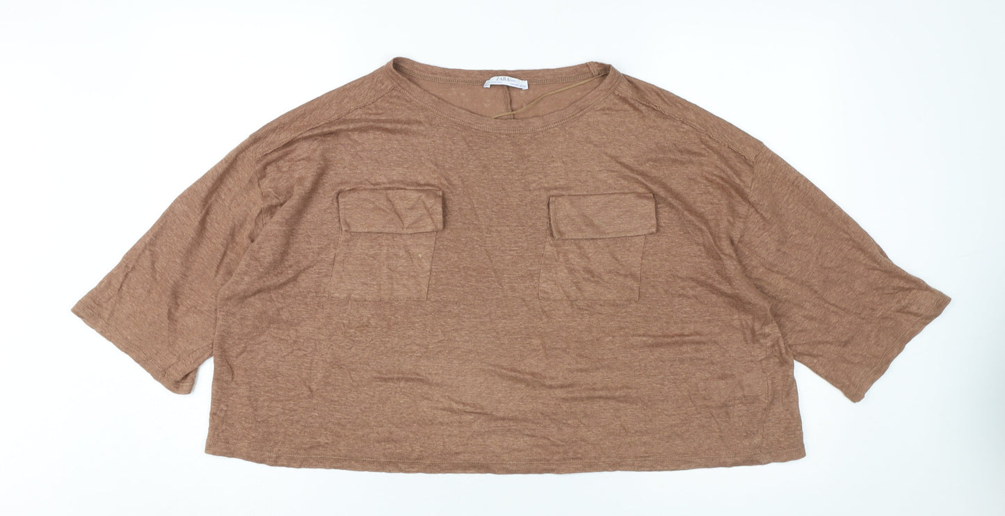 ZARA Women’s Brown Linen 3/4 Sleeve Relaxed T-Shirt