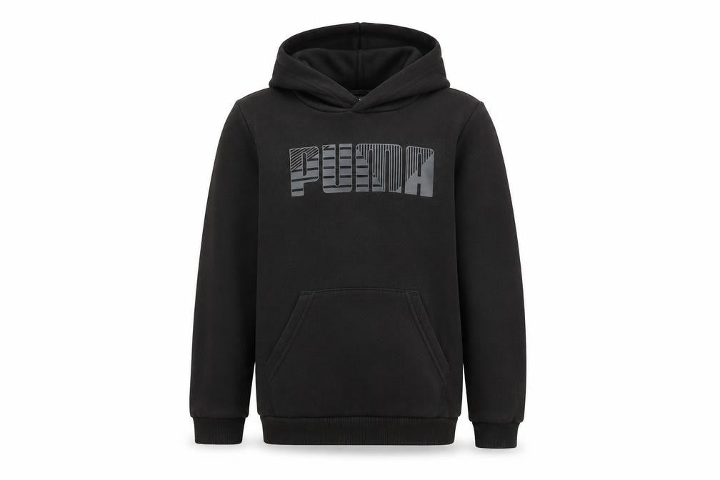 Front view of Puma boys’ black pullover hoodie 7-8 years