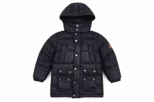 Front view of Joules boys’ black hooded puffer jacket 5 years