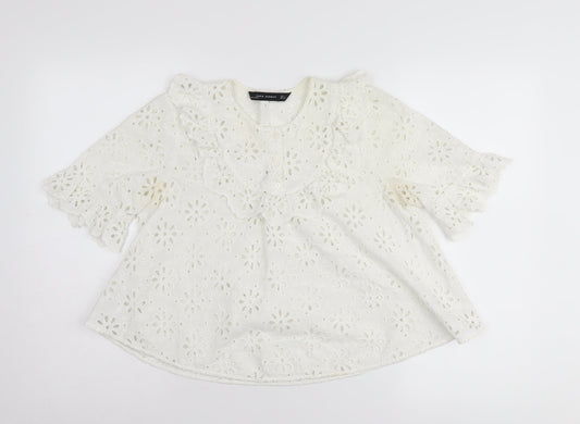 Zara Woman White Floral Lace Blouse, Size S, Short Sleeve