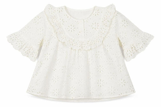 Front view of Zara Woman White Floral Lace Blouse, size S, Short Sleeve