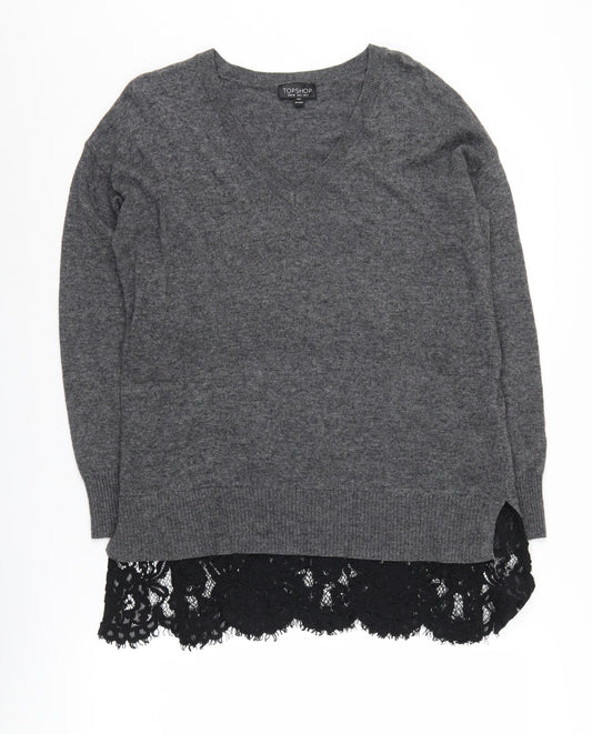 Topshop Women's Grey V-Neck Pullover Jumper, Size 8