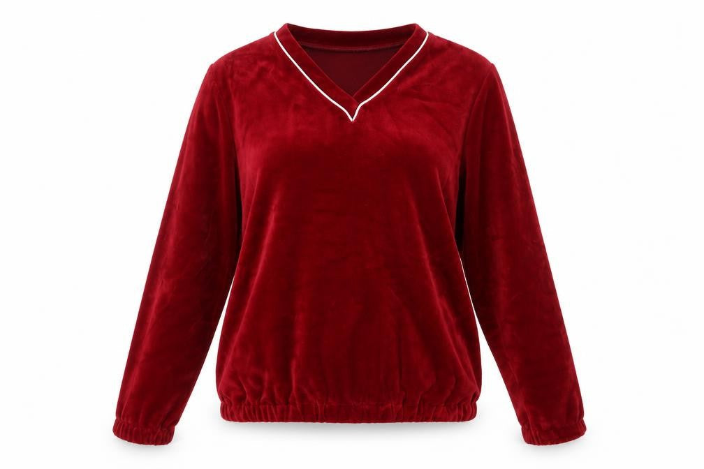 BHS Red Velour Women's Pullover Sweatshirt - Size M, V-Neck