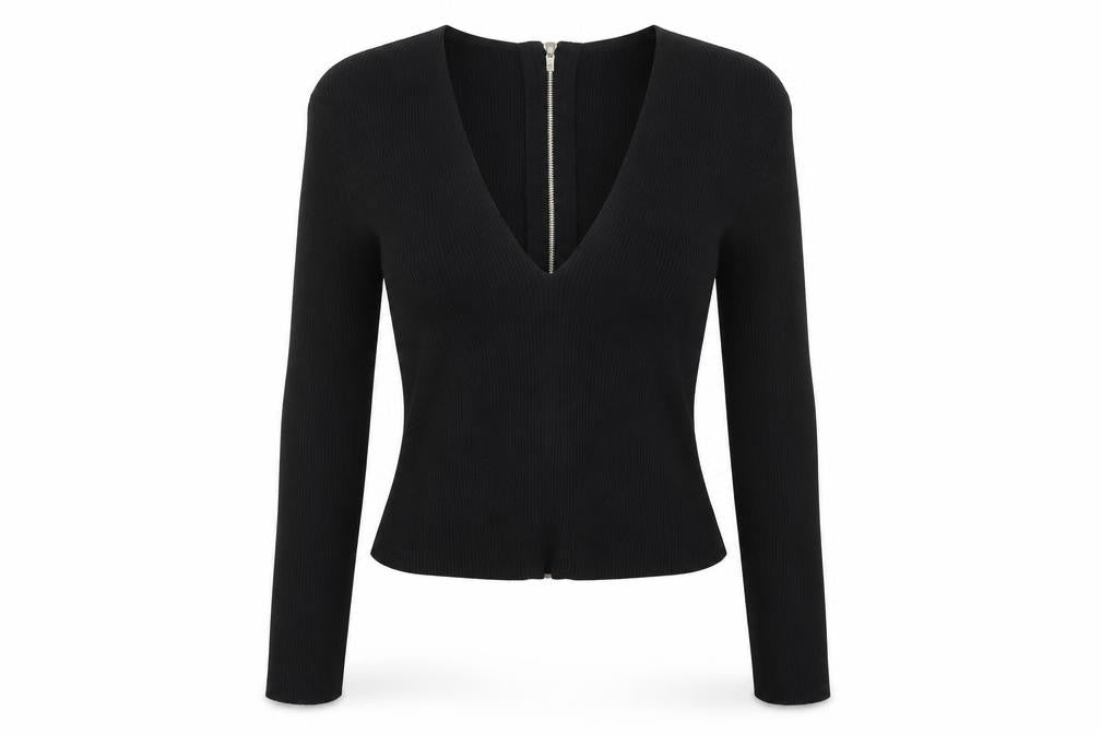 Studio Women’s Black V-Neck Zip Blouse, Size 14