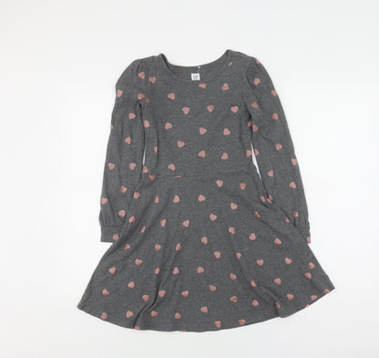 Gap Girls Grey Heart Print Skater Dress L Long Sleeve