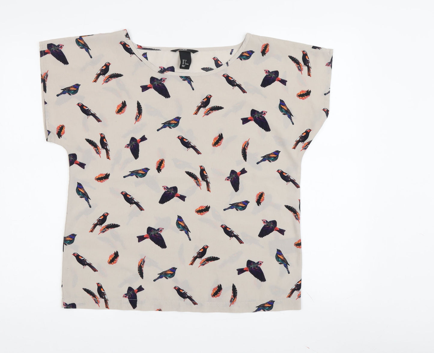 H&M Women's Beige Bird Print T-Shirt, Size 6