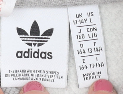 Close-up detail of Adidas boys’ grey crew neck sweatshirt 13-14 years