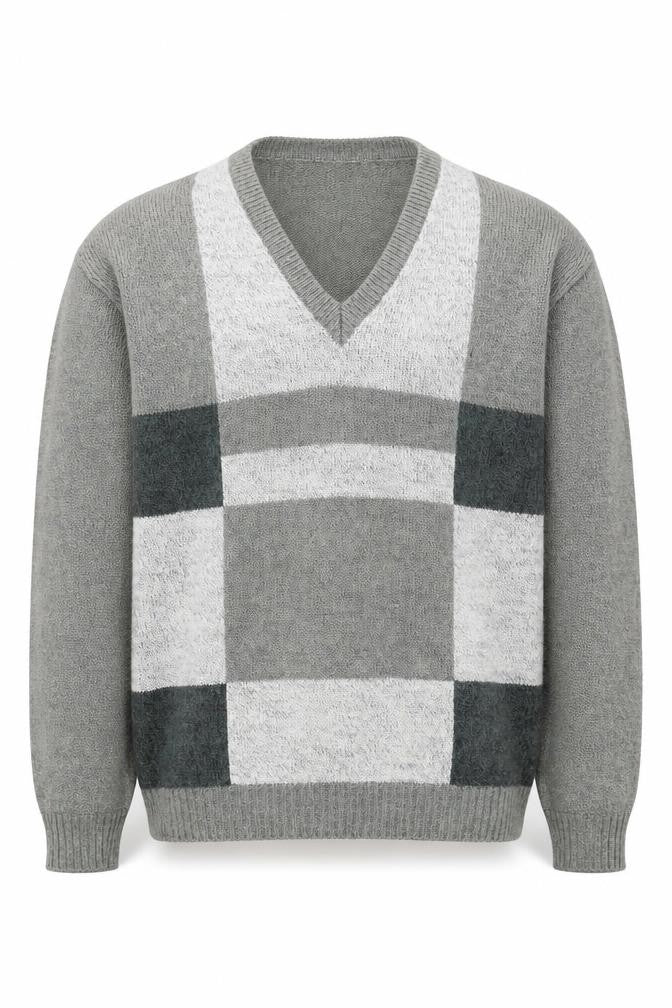 Tootal Men's Grey Check V-Neck Pullover Jumper - L