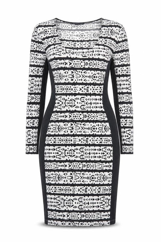 Front view of French Connection Women's Black and White Geometric Pencil Dress