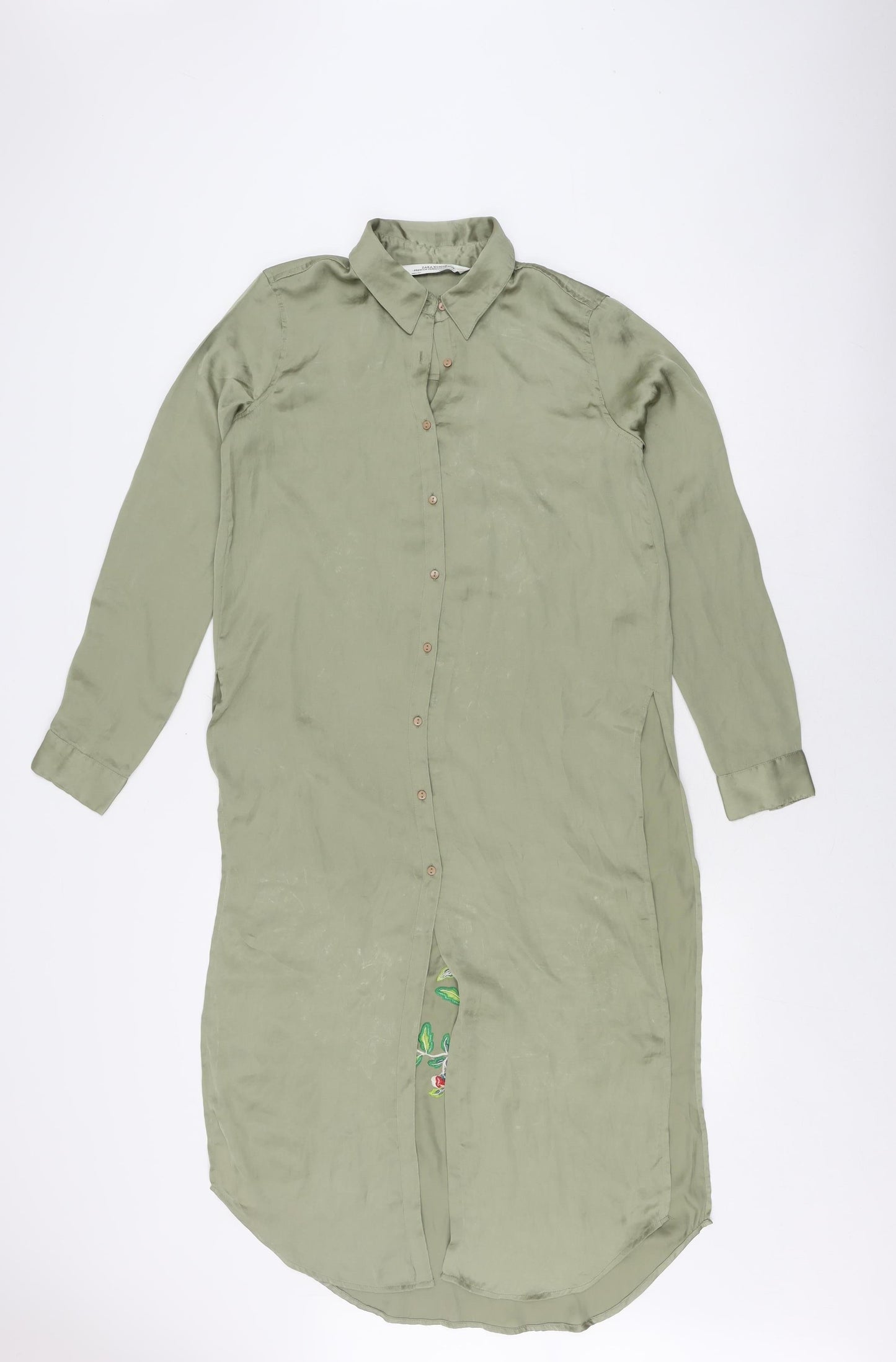 Zara Woman Green Floral Embroidered Silk Shirt Dress XS