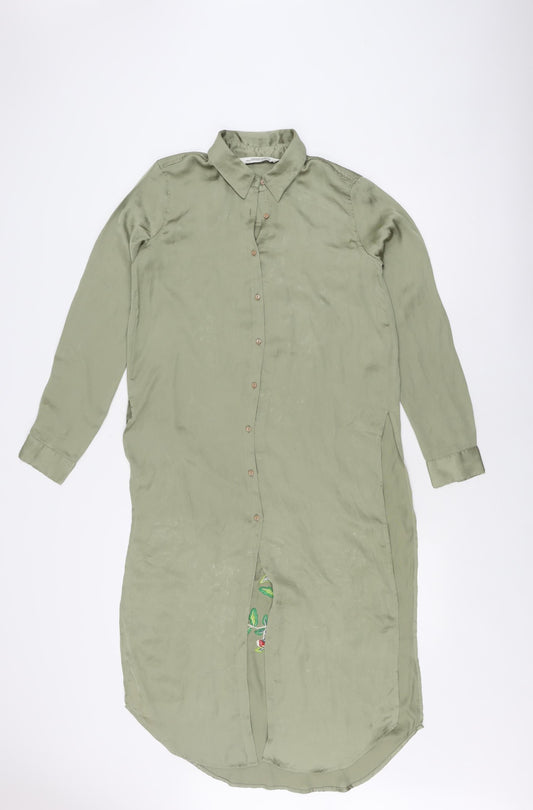 Zara Woman Green Floral Embroidered Silk Shirt Dress XS