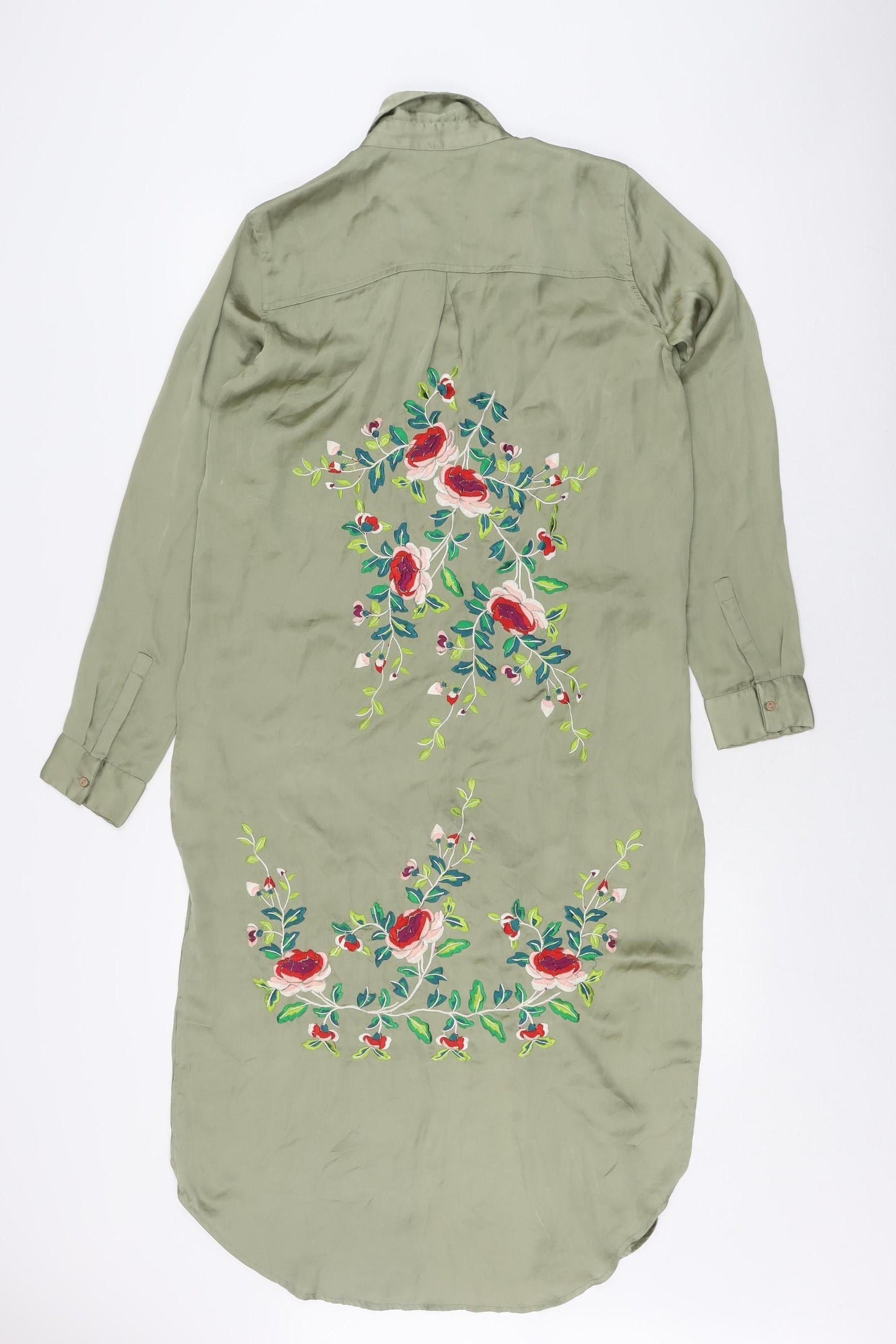 Zara Woman Green Floral Embroidered Silk Shirt Dress XS