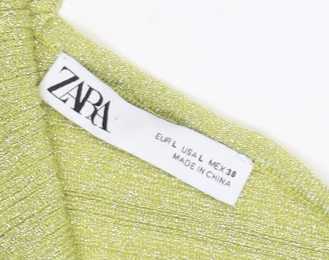 Zara Women's Green Slip Dress L - Casual Metallic Shine