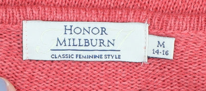 Brand and care label for Honor Millburn Women's Pink Cable-Knit Pullover M