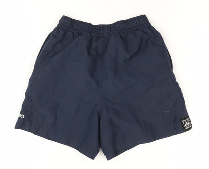 Back view of Asics boys’ blue athletic shorts 2-3 years elastic waist mesh