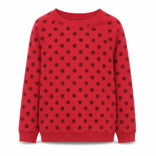 Front view of FatFace girls’ red polka dot pullover sweatshirt 8-9 years