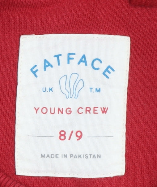 Brand and care label for FatFace girls’ red polka dot pullover sweatshirt 8-9 years