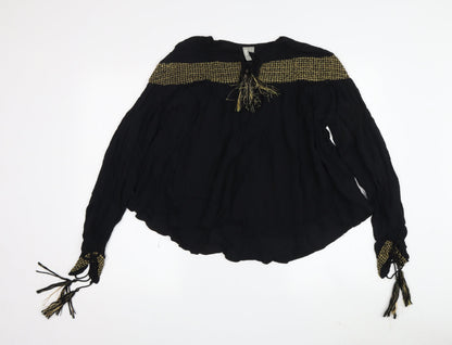 Additional front view of ASOS Women's Black Tunic Blouse, size 12, - Tasselled & Elegant
