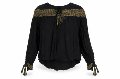 Front view of ASOS Women's Black Tunic Blouse, size 12, - Tasselled & Elegant