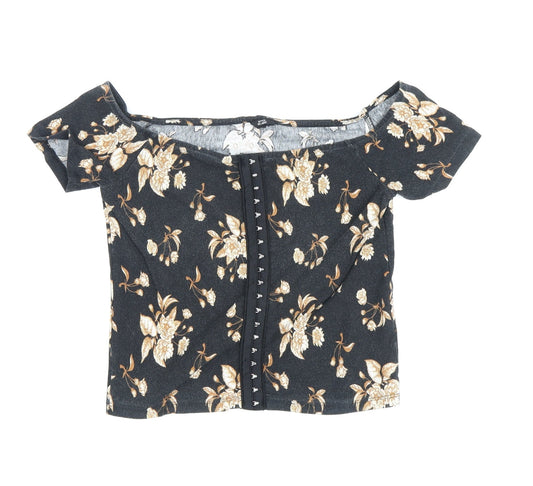River Island Women's Black Floral Cropped T-Shirt