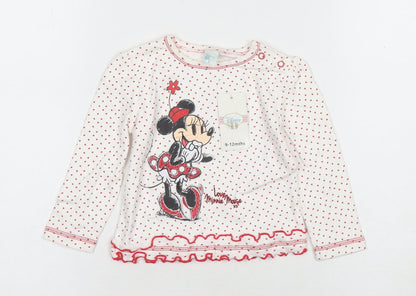 Front view of Disney girls’' white minnie mouse long sleeve t-shirt 9-12 months