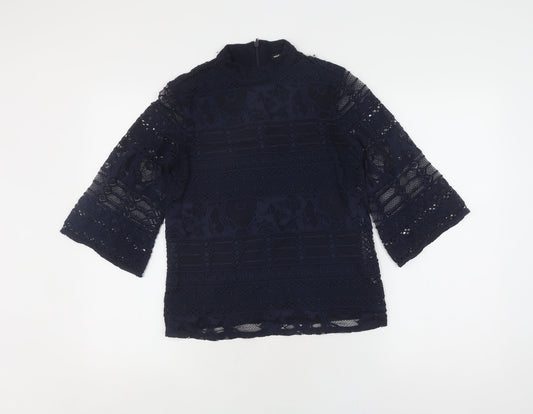 Warehouse Women's Black Lace Top UK 8 with High Neck