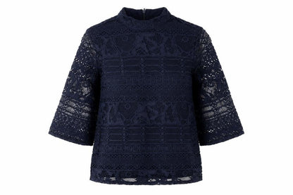 Warehouse Women's Black Lace Top UK 8 with High Neck
