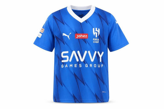 Front view of Puma boys’ blue football jersey, 7-8 years, short sleeve casual