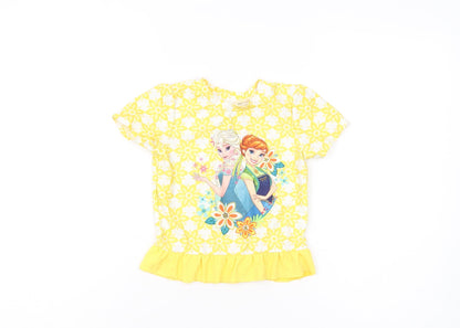 Front view of Disney Frozen girls’ yellow rash guard 5-6 years floral