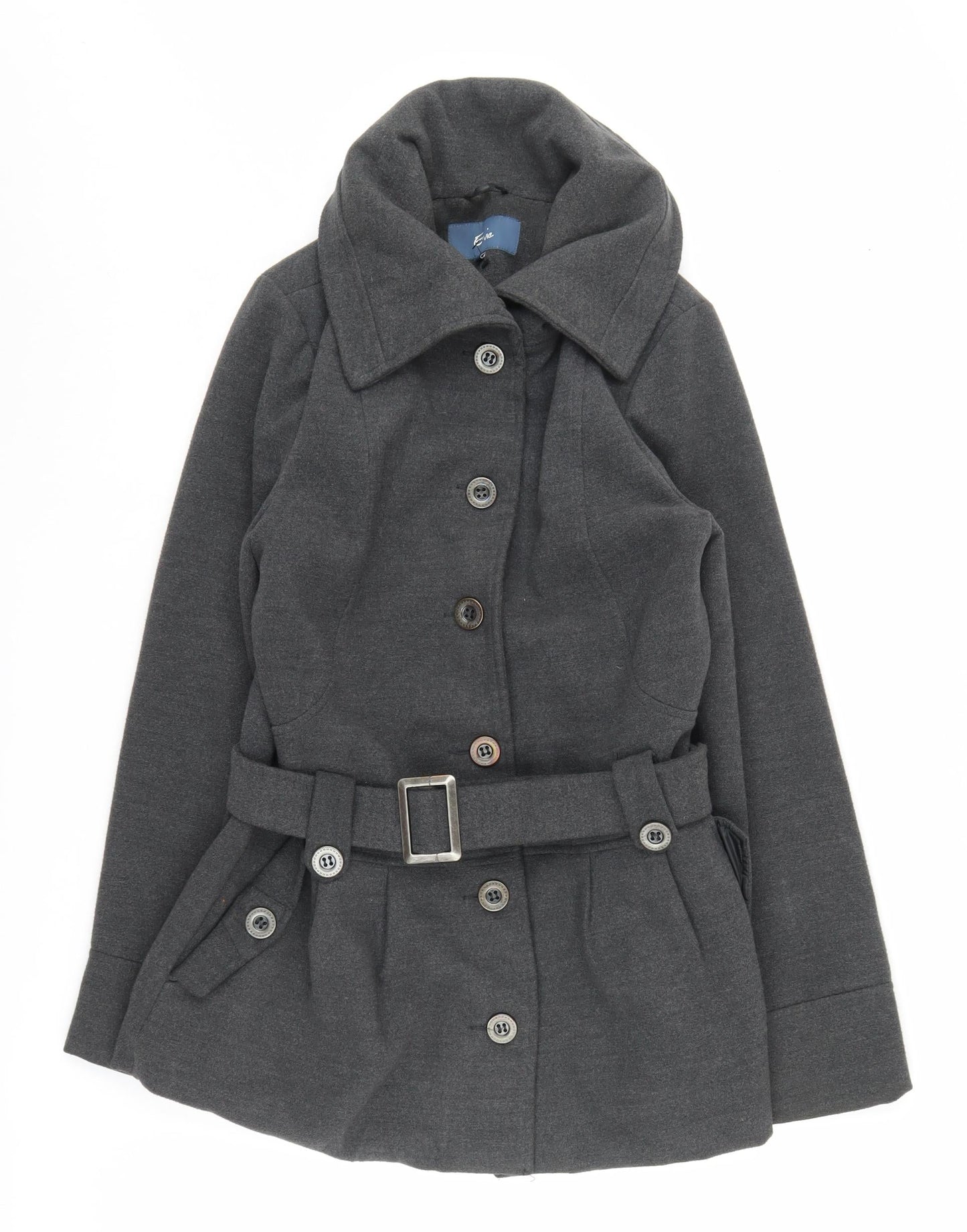 Evie Women's Grey Pea Coat - Size 10, Belted, Buttoned