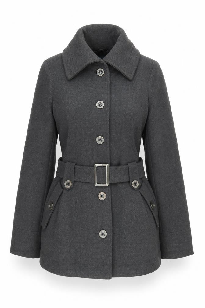Evie Women's Grey Pea Coat - Size 10, Belted, Buttoned