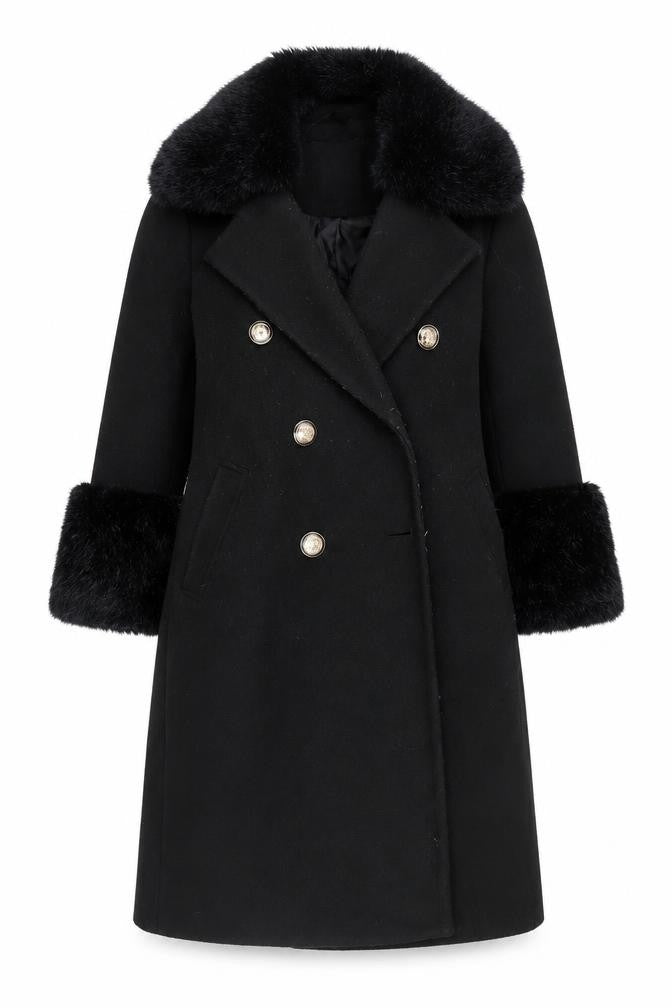 River Island Women's Black Pea Coat Size 8 Fur Trim