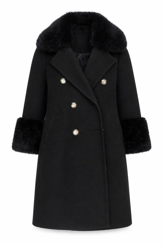 River Island Women's Black Pea Coat Size 8 Fur Trim